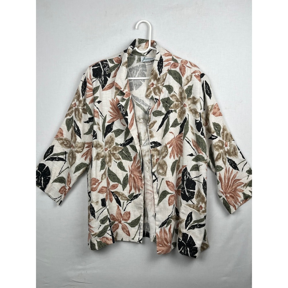 Joanna Floral Open Front Jacket Womens Large Flax Blend‎ Made in USA Earth Tones